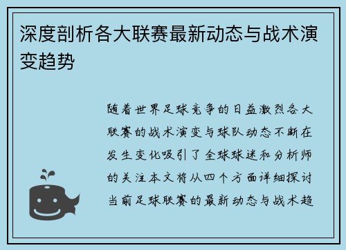 深度剖析各大联赛最新动态与战术演变趋势