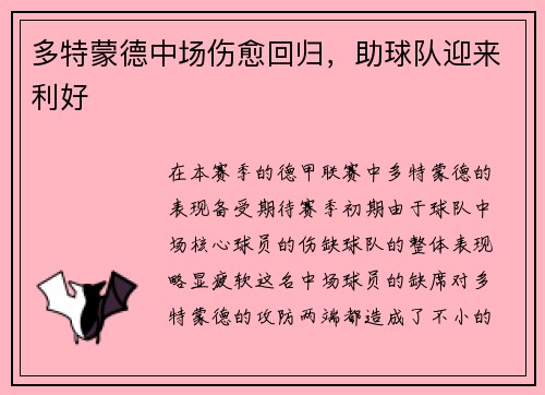 多特蒙德中场伤愈回归，助球队迎来利好